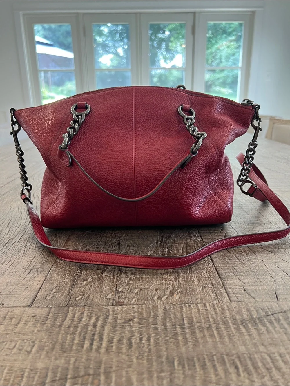 Coach Red Pebble Chain Prairie Leather Shoulder Satchel